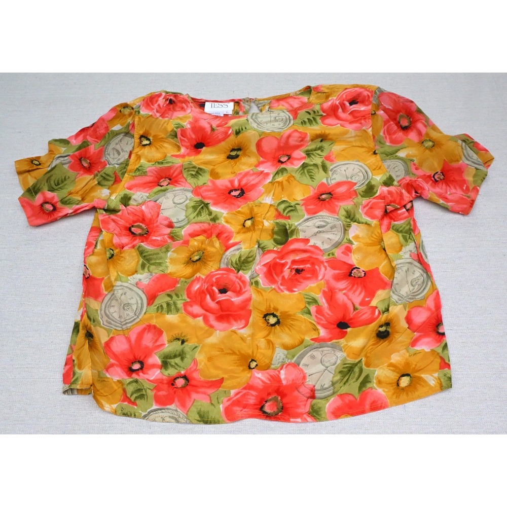 Tess Vintage 90s Womens L 100% Silk Blouse Red Floral Pocket Watch Print Flowing